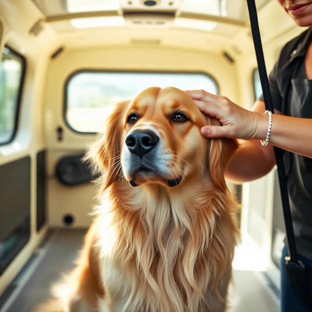 Golden retriever being brushed inside a mobile grooming van