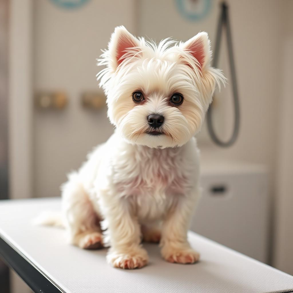 Small white dog freshly groomed on a grooming table