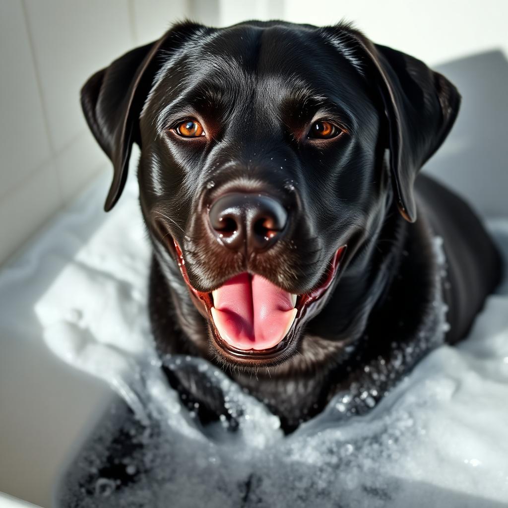 Black labrador enjoying a bath with plenty of suds